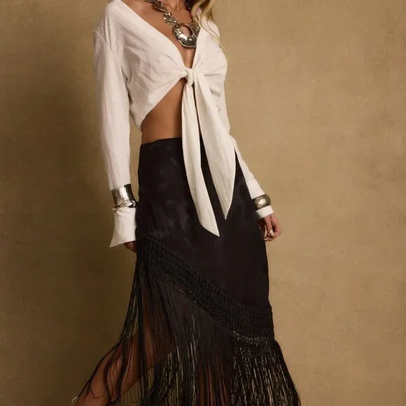 Twelfth Tribe Frankie Black Satin Jacquard Fringe Midi Skirt - Picture 5 of 10